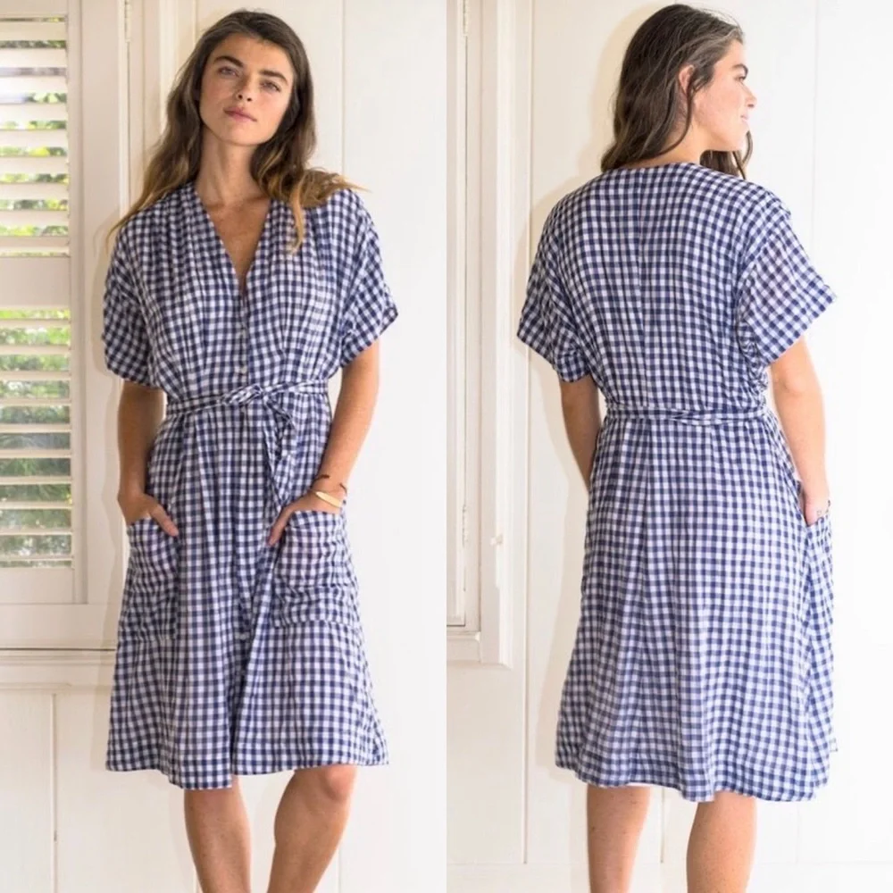 Trovata Birds of Paradis Sophie V Neck Gingham Shirt Dress